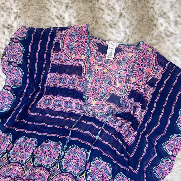 Jessica Simpson Other - Jessica Simpson Blue and Pink Graphic Short Sleeve Swim Coverup